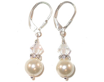 CLEAR AB & CREAM Pearl Earrings Sterling Silver Dangle Bridal Handcrafted Swarovski Crsytal Elements