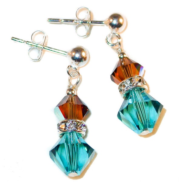 Smoked Topaz BROWN & Indicolite TEAL Crystal Earrings Sterling Silver Dangle Swarovski Elements - Clip-on or Pierced