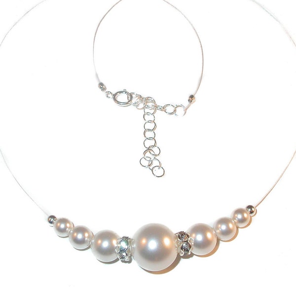 WHITE PEARL Necklace on Illusion Bridal Sterling Silver Swarovski Elements