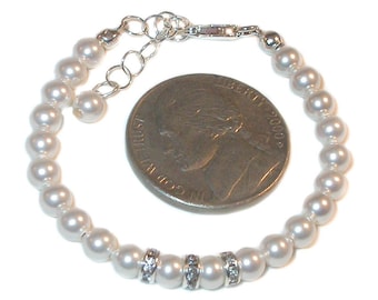 4mm WHITE Pearl Bracelet NEWBORN Baby Sterling Silver Swarovski Elements
