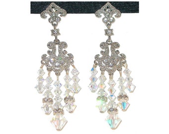 Swarovski Crystal Chandelier Earrings Handcrafted CLEAR AB Iridescent Formal Prom Pageant