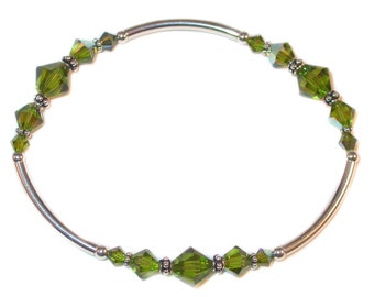 OLIVINE GREEN Crystal Bracelet Bali Sterling Silver Stretch Handcrafted