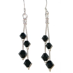 JET BLACK Crystal Earrings Sterling Silver Tassel Dangle Swarovski Elements
