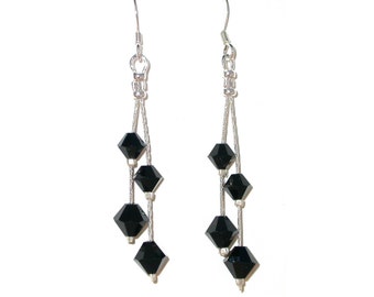 JET BLACK Crystal Earrings Sterling Silver Tassel Dangle Swarovski Elements