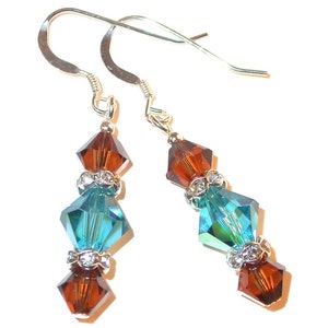 Indicolite TEAL BROWN Smoked Topaz Crystal Earrings Sterling Silver Swarovski Elements - Clip-on or Pierced