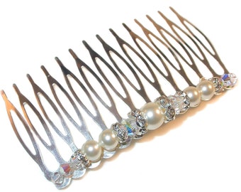 CREAM Pearl & CLEAR AB Crystal Hair Comb Bridal Swarovski Elements Wedding Bride