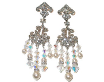 Swarovski Crystal Elements & CREAM PEARL Earrings Bride's Chandelier Clear AB Bridal Jewelry