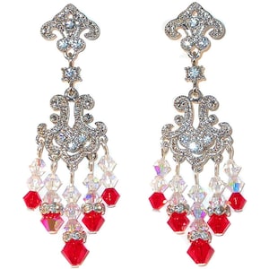 Swarovski Crystal Chandelier Earrings Handcrafted Clear AB & Light Siam RED Formal Prom Pageant