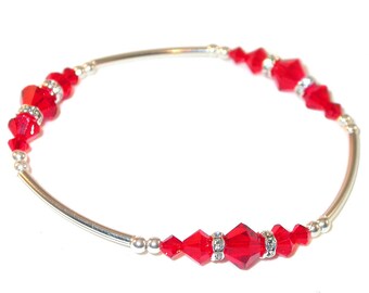 LIGHT SIAM RED Crystal Bracelet Sterling Silver Handcrafted Stretch-on