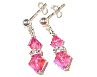 ROSE PINK Crystal Earrings Sterling Silver Dangle - Clip-on or Pierced