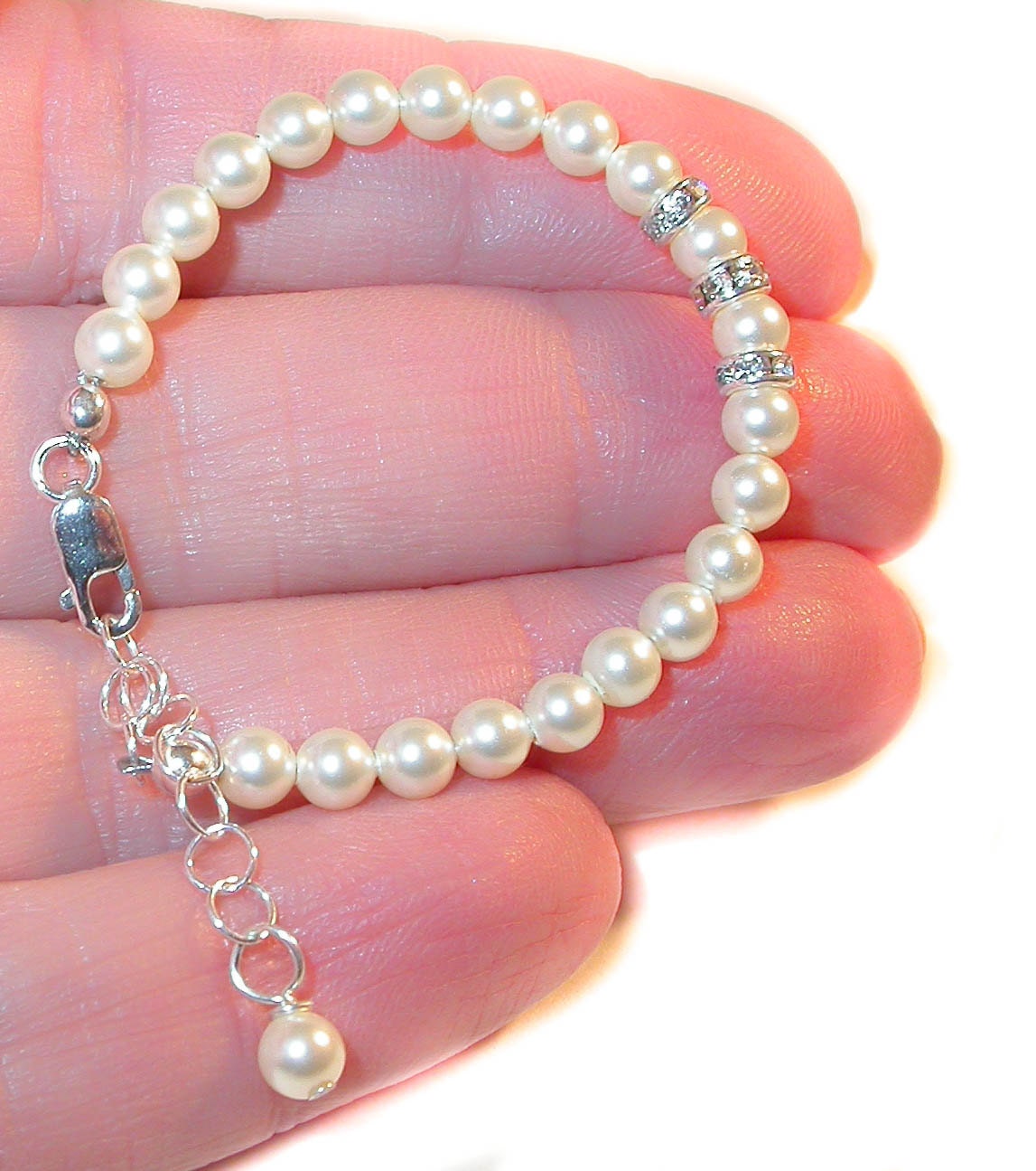 4mm CREAM Pearl Bracelet NEWBORN Baby Sterling Silver Swarovski