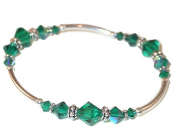 EMERALD GREEN Crystal Bracelet Bali Sterling Silver Stretch Handcrafted