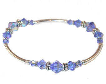 SAPPHIRE BLUE Crystal Bracelet Bali Sterling Silver Stretch Handcrafted