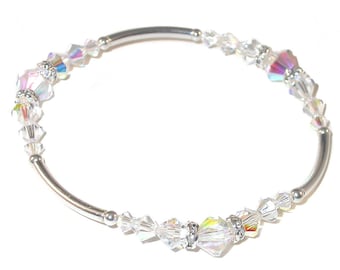 CLEAR AB Crystal Bracelet Stretch Sterling Silver Handcrafted