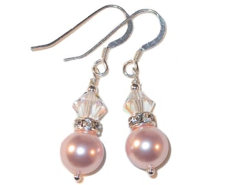 CLEAR AB & Rosaline PINK Pearl Earrings Sterling Silver Dangle Bridal Handcrafted Swarovski Elements