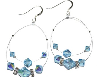 Floating Swarovski CRYSTAL Earrings Sterling Silver AQUAMARINE Elements Chandelier on Illusion