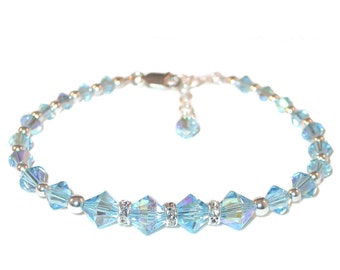 AQUAMARINE BLUE Beaded Bracelet Swarovski Crystal Elements Sterling Silver