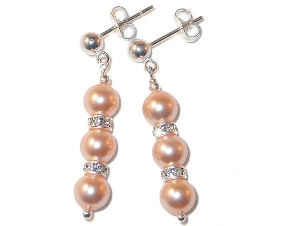 Sterling Silver Cultured Peach Pearl and Crystal Drop Earrings Sterling Silver Cultured Peach Pearl and Crystal Drop Earrings