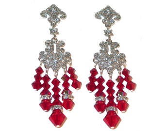 SIAM RED Crystal Chandelier Earrings Swarovski Elements Silver Formal Prom Pageant