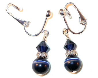 Indigo NAVY BLUE Crystal & Cats Eye Earrings Sterling Silver Swarovski Elements - Clip-on or Pierced