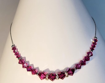 Pink FUCHSIA Crystal Necklace Swarovski Elements Stainless Steel Handcrafted