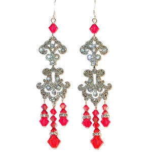 Very Long 3.75&quot; PADPARADSCHA Crystal Chandelier Earrings Prom Rosy Coral Swarovski Elements