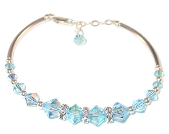 AQUAMARINE BLUE Crystal Bracelet Sterling Silver Handcrafted Swarovski Elements