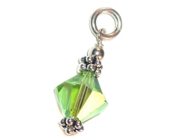 AUGUST Birthstone Pendant 8mm Crystal Green PERIDOT Charm Dangle Bali Sterling Silver Swarovski Element