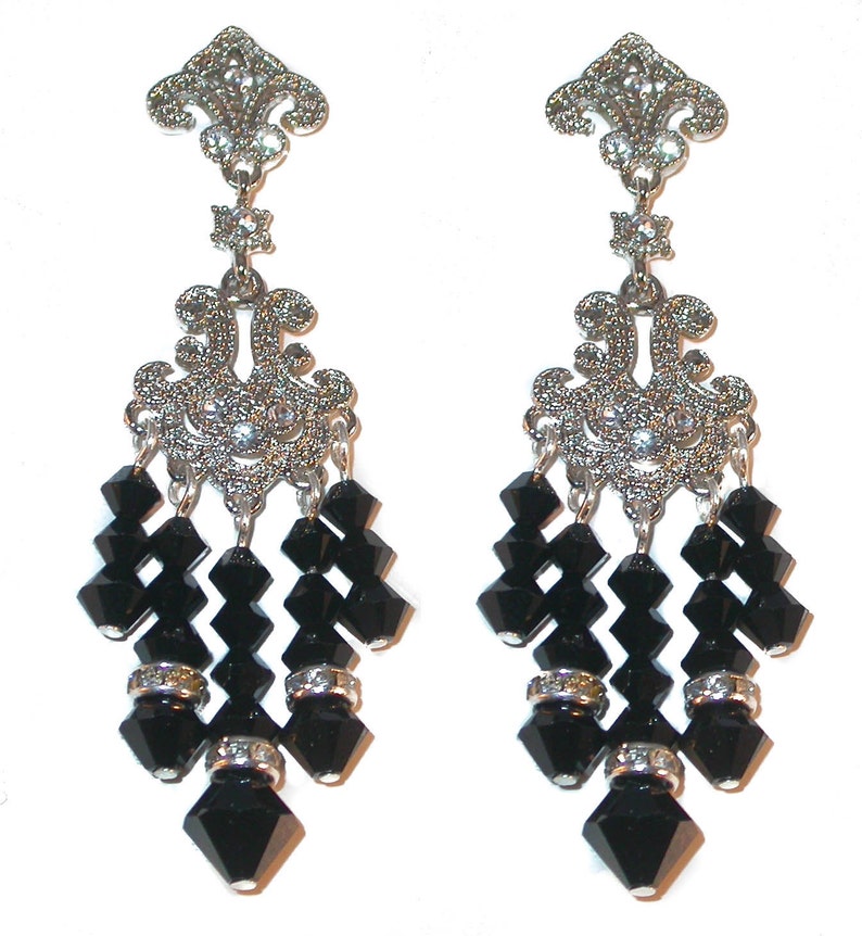 JET BLACK Chandelier Earrings Silver Prom Formal Swarovski Etsy