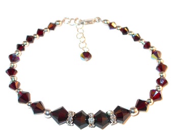GARNET RED Crystal Bracelet Beaded Swarovski Elements Sterling Silver Handcrafted