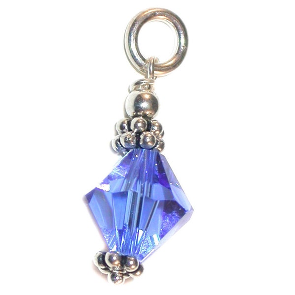 SEPTEMBER Birthstone Pendant 8mm Crystal Blue SAPPHIRE Charm Dangle Bali Sterling Silver Swarovski Element