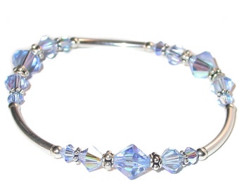 Light SAPPHIRE BLUE Crystal Bracelet Bali Sterling Silver Stretch Handcrafted