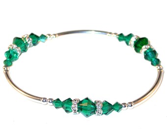 Emerald GREEN Crystal Bracelet Stretch Sterling Silver Handcrafted