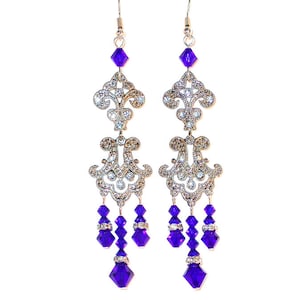 SWAROVSKI Crystal Chandelier Earrings Very Long 3.75&quot; Royal COBALT BLUE Prom
