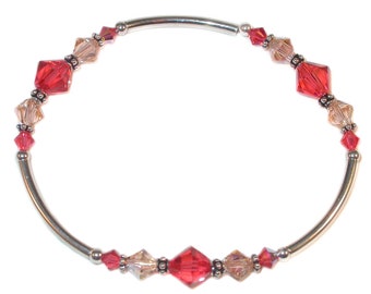 PADPARADSHCA & PEACH Crystal Bracelet Bali Sterling Silver Stretch Handcrafted
