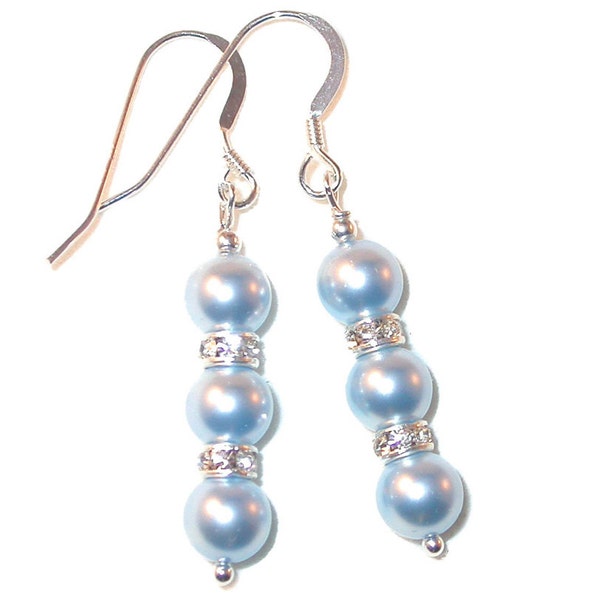 LIGHT BLUE Pearl Earrings Bridal Swarovski Crystal Elements Sterling Silver Dangle