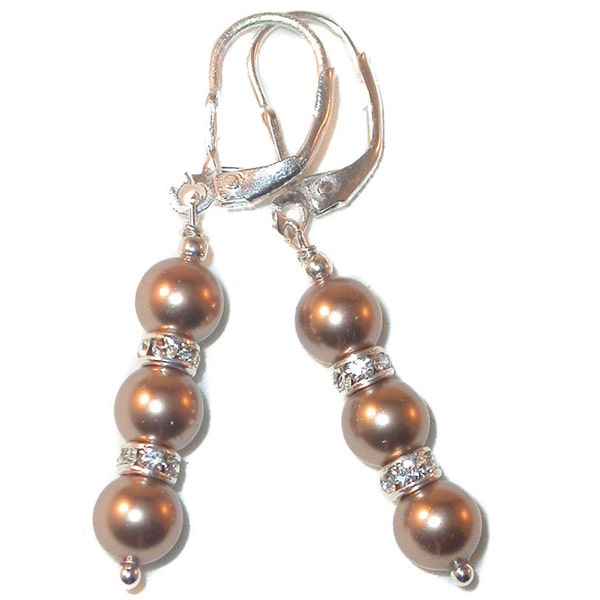 BRONZE Pearl Earrings Bridal Swarovski Crystal Elements Sterling Silver Dangle