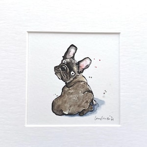 French Bulldog painting ‘Brindle Frenchie’ Original ink & watercolour 8" x 8" artwork watercolor frenchie gift, cute fawn frenchie Art