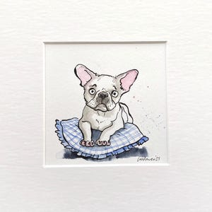 French Bulldog painting ‘White Frenchie puppy’ Original ink & watercolour 8" x 8" artwork watercolor frenchie gift, cute fawn frenchie Art