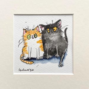 Cuadro de gato «Amor pelirrojo no correspondido» - Dibujo original a tinta, acuarela - Acuarela de regalo de 20 x 20 cm, adorable gatito, ilustración de dibujos animados.