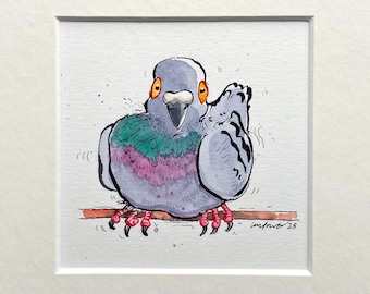 Goofy Pigeon ‘Balancing’ watercolour painting  - Original pen & ink drawing, watercolor 8" x 8" gift, funny quirky pigeon/dove illustration