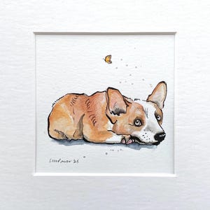 Peinture corgi « Corgi et papillon » Encre et aquarelle originales 8 "x 8" cadeau corgi aquarelle oeuvre d'art, illustration de chien de dessin animé mignon Art