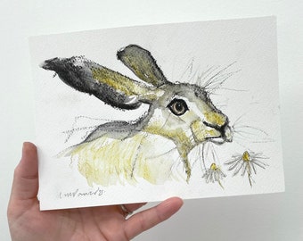 Daisy Hare #08 - charcoal & Ink wash drawing on paper - A5 148mm x 210mm - Original matted Artwork - wall Art gift, cute Rabbit, bunny