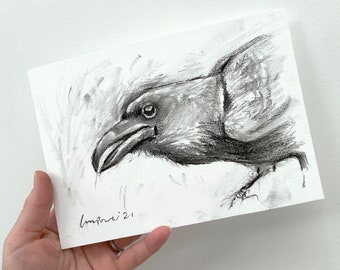 Raven #04 Dessin au fusain sur papier - A5 148mm x 210mm Original matted Artwork - Noir &blanc mur Art Jackdaw cadeau, mignon oiseau corvidé, corbeau