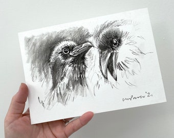Corbeau #03 Dessin au fusain sur papier - A5 148mm x 210mm Original mated Artwork - Mur noir & blanc Cadeau Art Jackdaw, mignon oiseau corvidé, corbeau