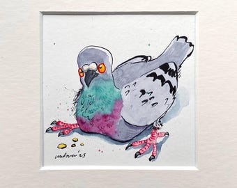 Goofy Pigeon ‘Dopey’ watercolour painting  - Original pen & ink drawing, watercolor 8" x 8" gift, funny quirky pigeon/dove illustration