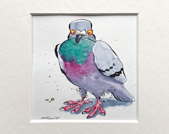 Goofy Pigeon ‘Proud’ watercolour painting  - Original pen & ink drawing, watercolor 8" x 8" gift, funny quirky pigeon/dove illustration