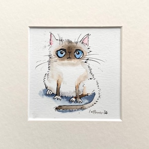 Cat painting ‘My Birman Buddy’ - Original ink drawing, watercolour - 8" x 8" gift watercolor, cute kitten, cartoon illustration, Art Burmese