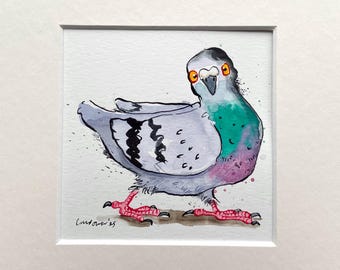 Goofy Pigeon ‘Sauntering’ watercolour painting  - Original pen & ink drawing, watercolor 8" x 8" gift, funny quirky pigeon/dove illustration