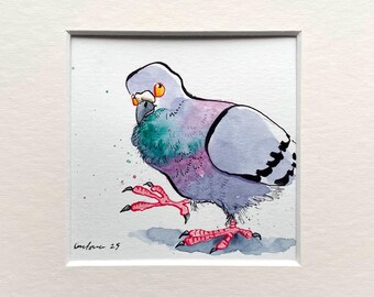 Goofy Pigeon ‘Suspicious’ watercolour painting  - Original pen & ink drawing, watercolor 8" x 8" gift, funny quirky pigeon/dove illustration